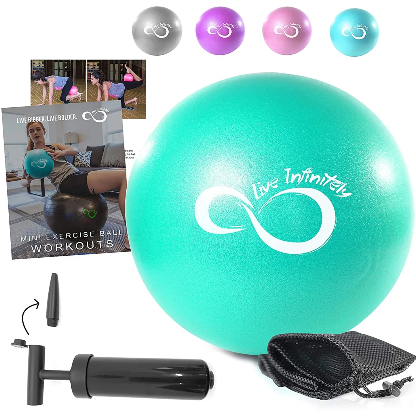 9” Pilates Ball Workout Equipment with Mesh Bag & Hand Pump, Mint